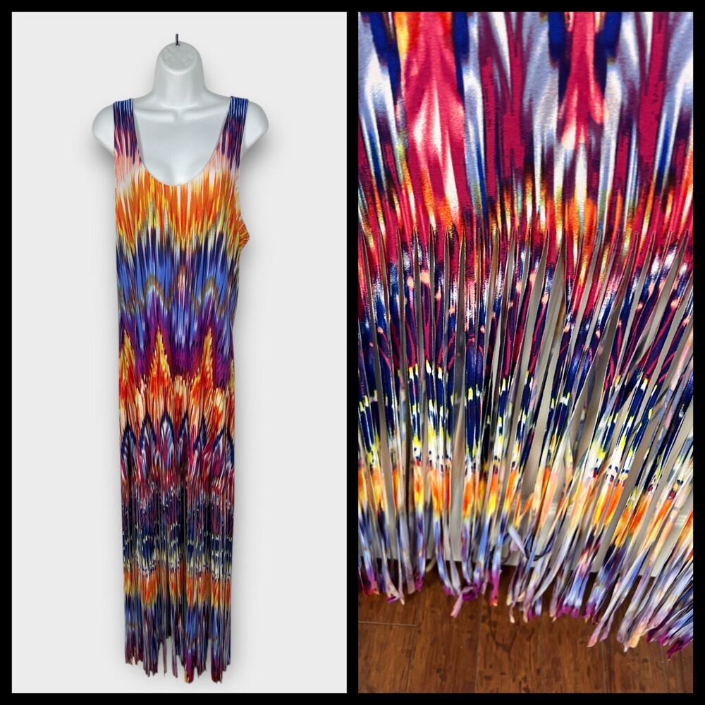 Venus‎ Stretchy Tie Dye Colorful sleeveless fringed hem maxi dress Size 12 M/L